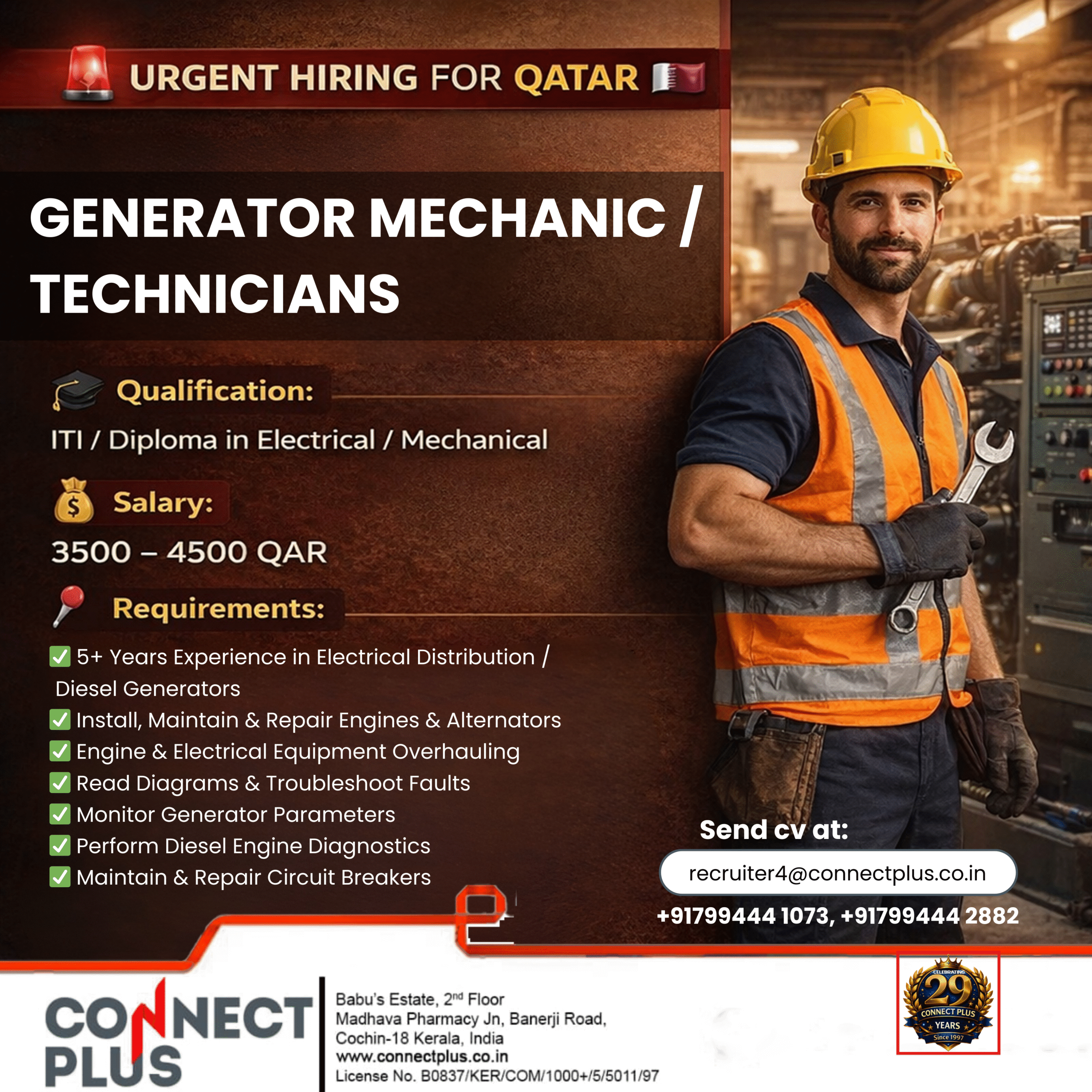✅ Minimum 5+ Years Experience in Electrical Distribution Diesel Generators ✅ Install, Maintain & Repair Engines, Alternators & Control Systems ✅ Overhauling of Engines & Electrical Equipment ✅ Re (2)